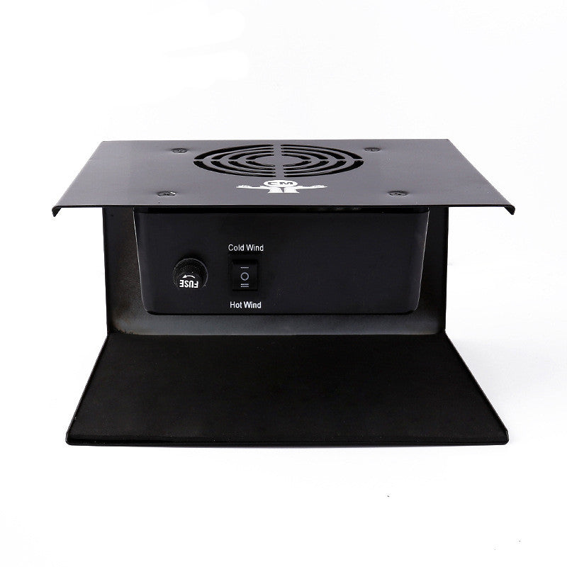 Black industrial fan with cold and hot wind indicators on a white background