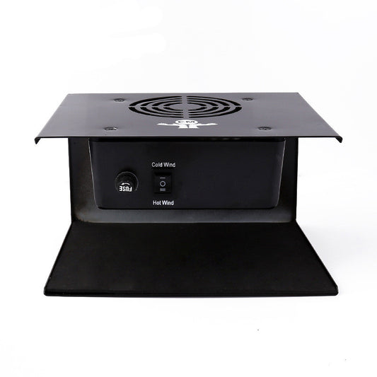 Black industrial fan with cold and hot wind indicators on a white background