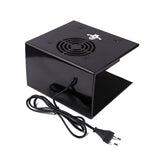 Black electronic device with a power cord on a white background