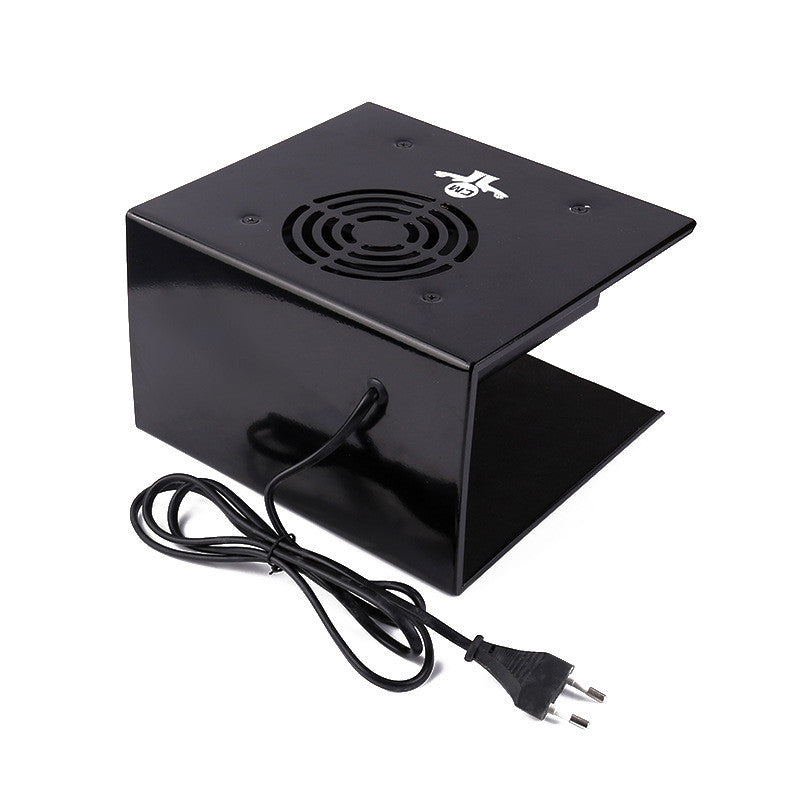 Black electronic device with a power cord on a white background
