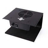 Black electronic device with a fan on a white background