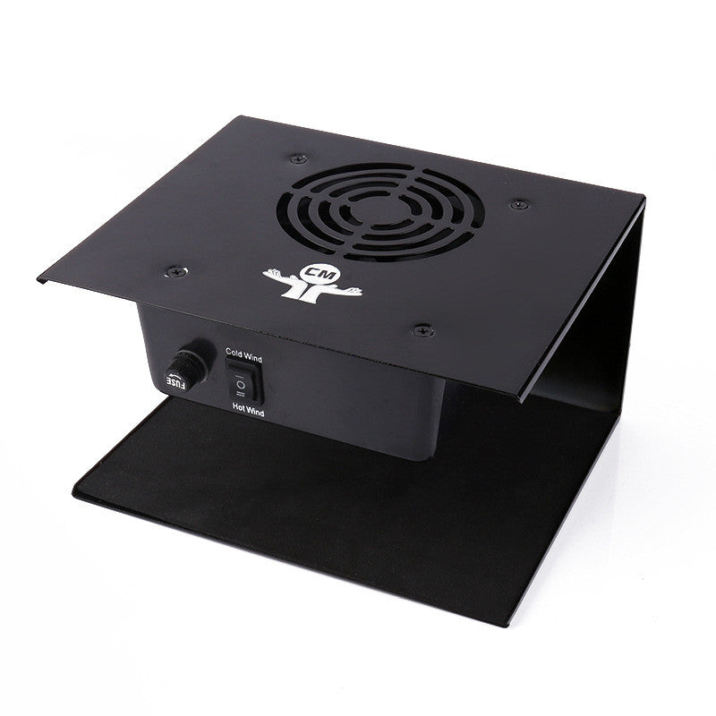 Black electronic device with a fan on a white background