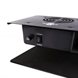 Black industrial fan with control switches on a white background