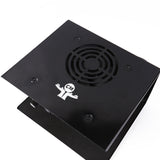 Black electronic device with a fan and a logo on a white background