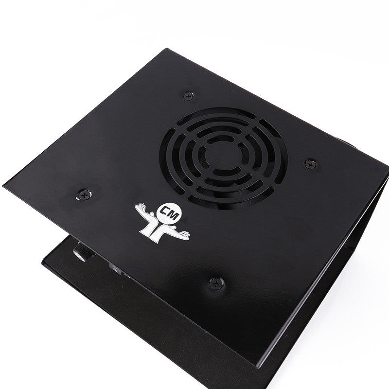Black electronic device with a fan and a logo on a white background