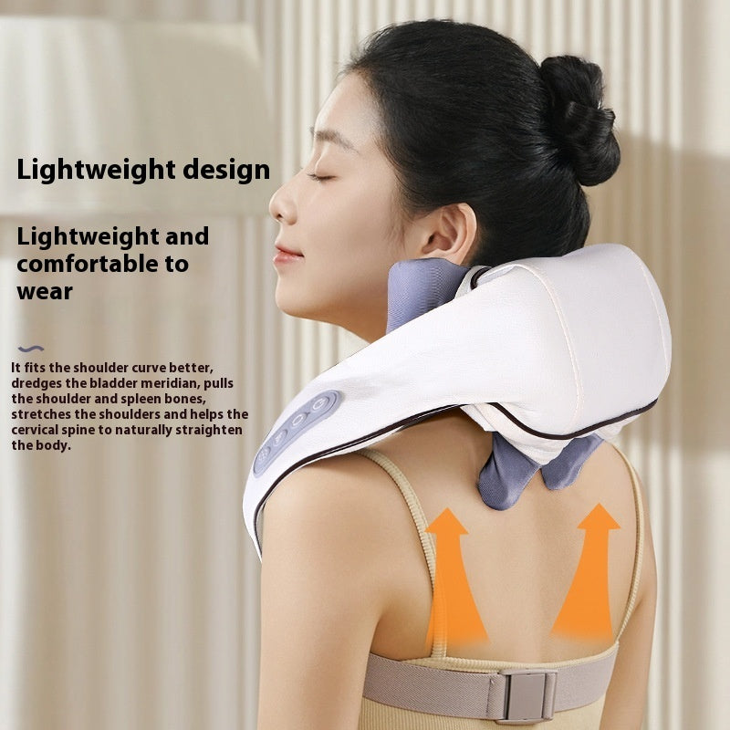 Woman wearing a neck and shoulder massager with text highlighting its features.
