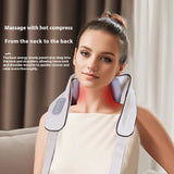 Woman using a neck and shoulder massager with text describing its benefits.