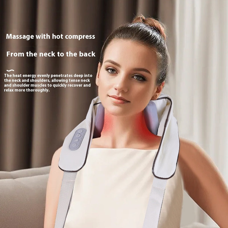 Woman using a neck and shoulder massager with text describing its benefits.