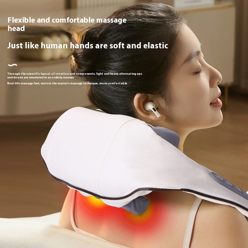 Person using a neck and shoulder massager with text highlighting its features.