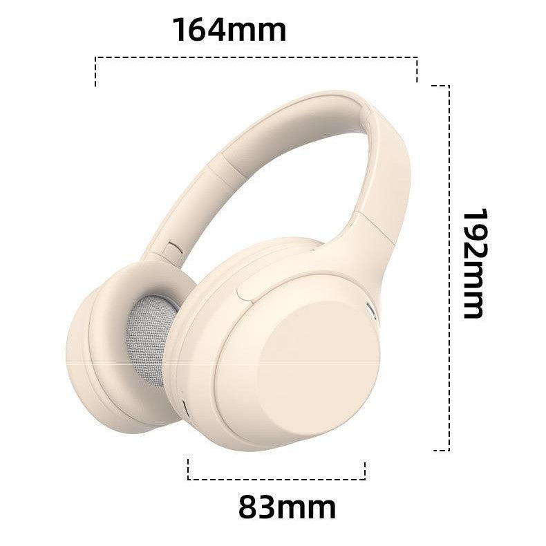 Beige headphones with dimensions labeled on a white background