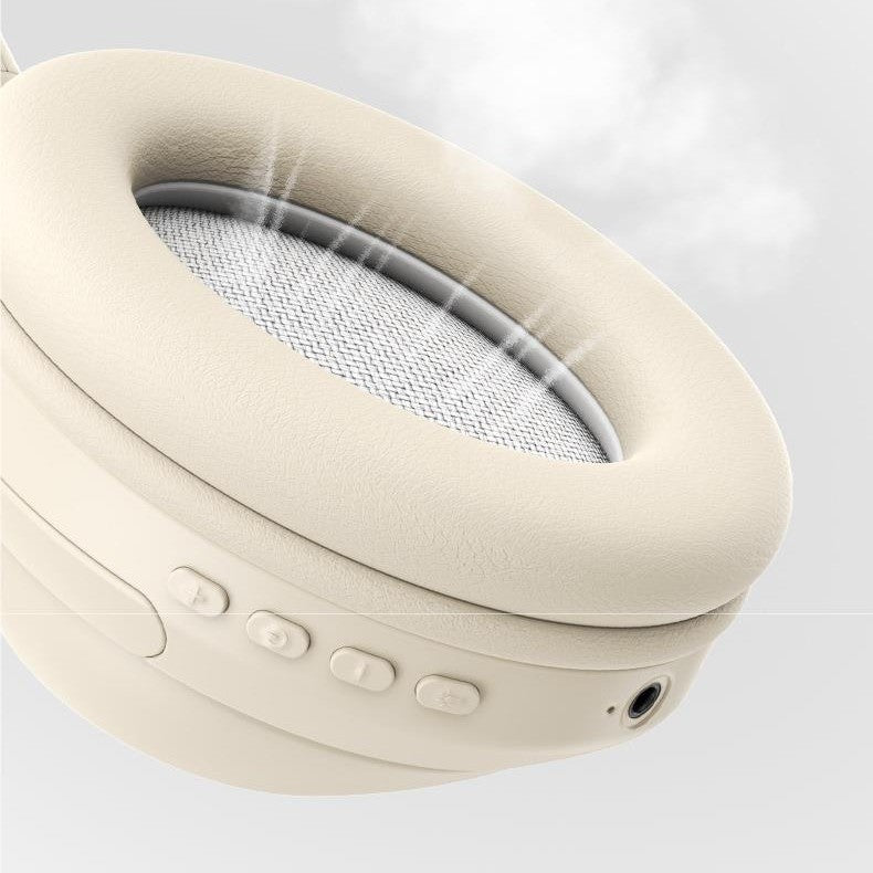 Beige neck pillow with control buttons on a light gray background