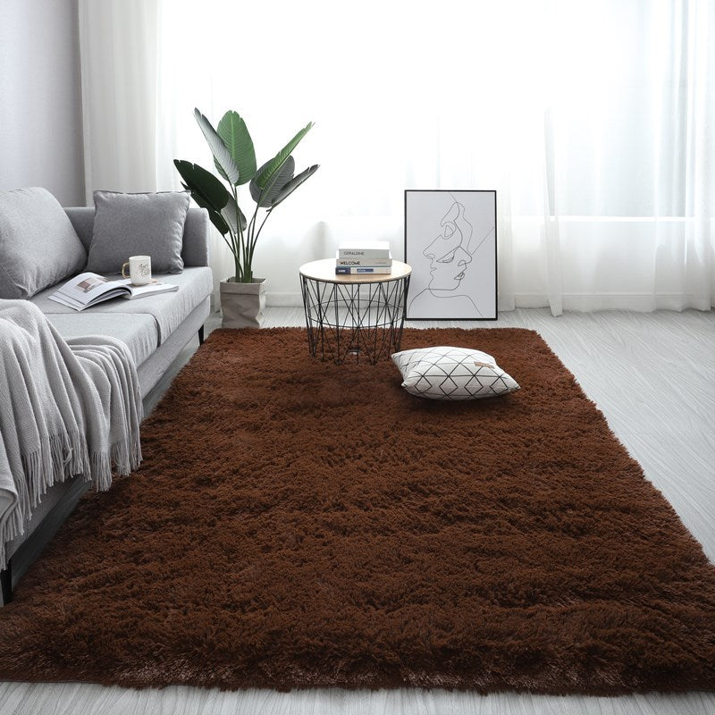 Brown rug in a living room with a sofa, coffee table, and decorative items.
