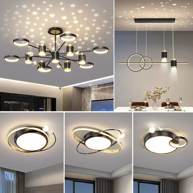 Collage of modern ceiling lights in various styles and settings.