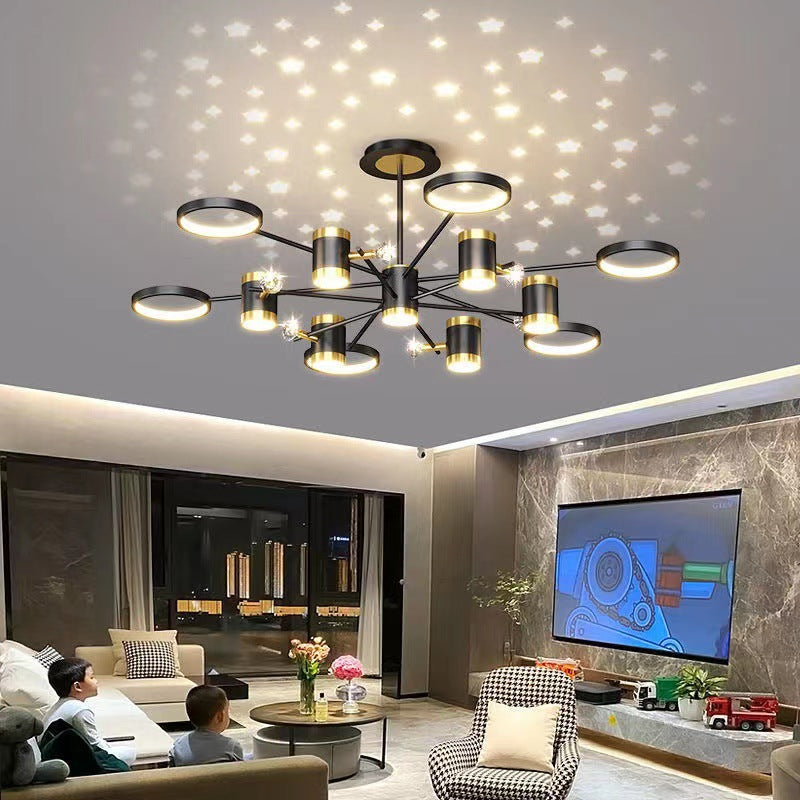 Modern chandelier in a living room with a TV and decor