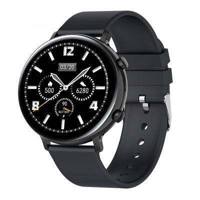 Black smartwatch with a detailed face on a white background