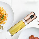 Oil sprayer with a plate of spaghetti and meatballs on a white background