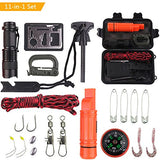 11-in-1 outdoor survival kit with various tools and equipment on a white background