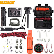 11-in-1 outdoor survival kit with various tools and equipment on a white background