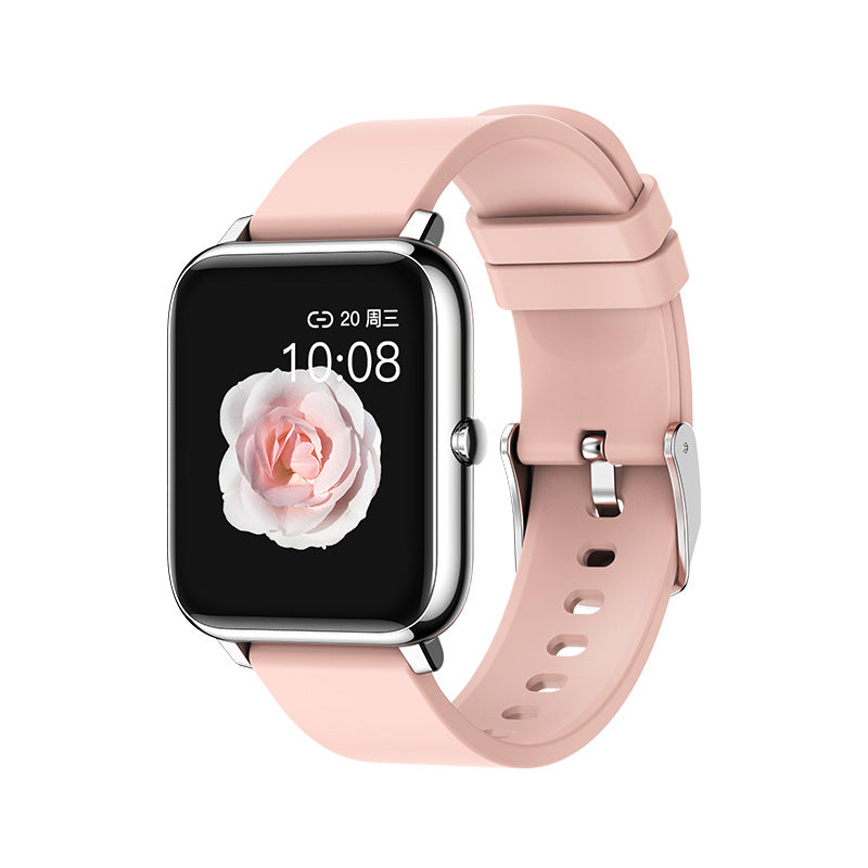 Smartwatch with a pink strap displaying a flower on the screen against a white background