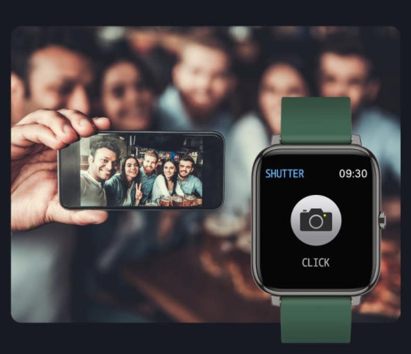 Smartwatch with camera interface displayed on screen, next to a smartphone showing a group photo.