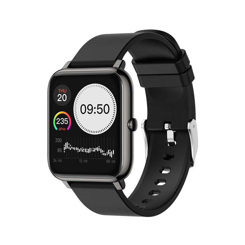 Black smartwatch with a black band on a white background
