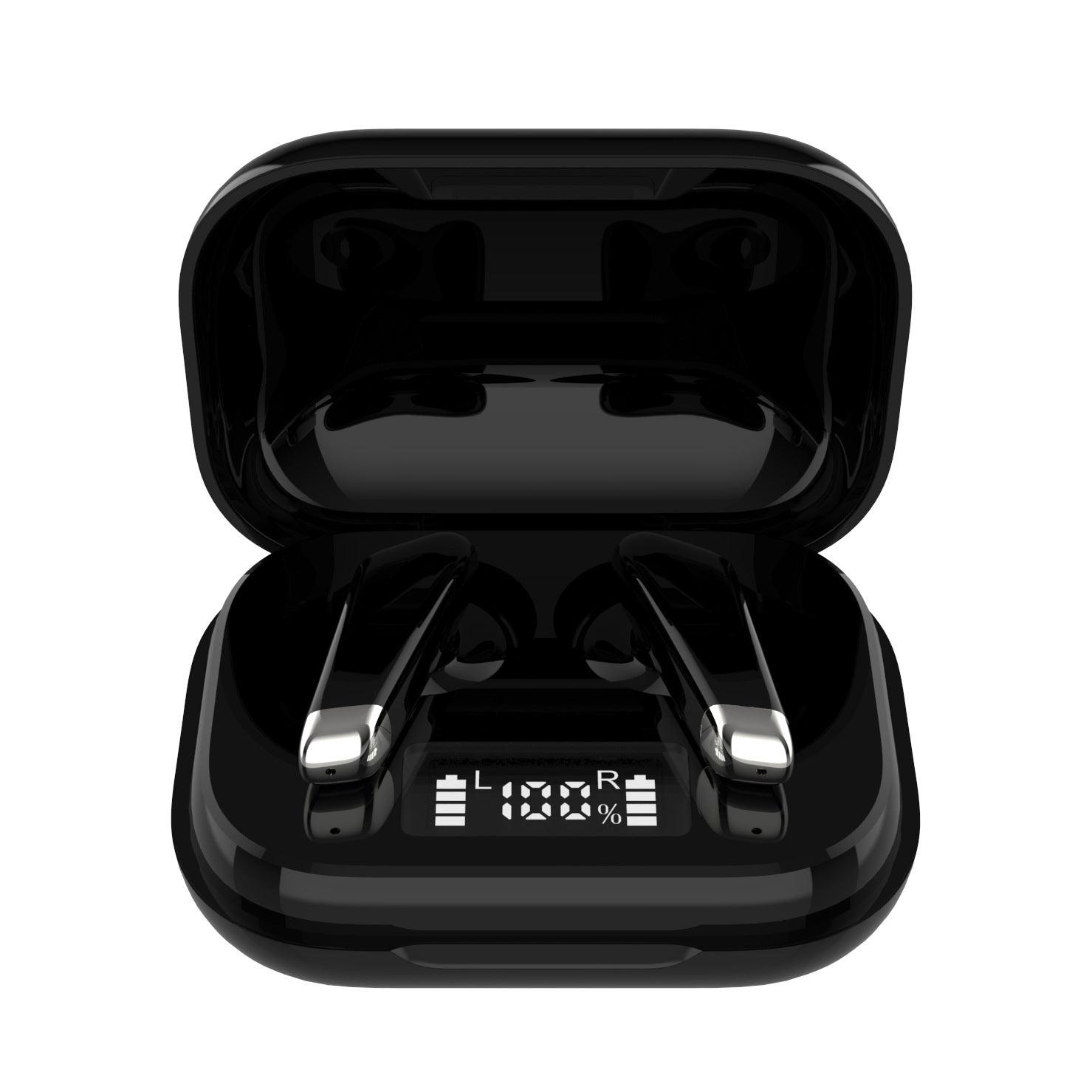 Black wireless earbuds in a charging case on a white background