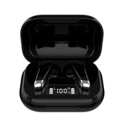 Black wireless earbuds in a charging case on a white background
