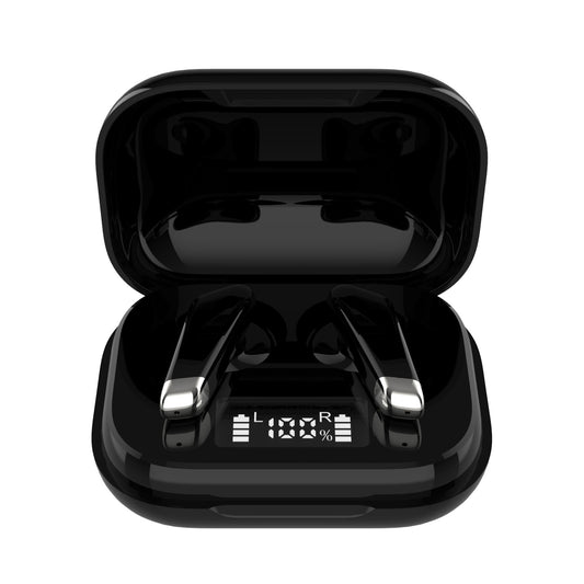 Black wireless earbuds in a charging case on a white background