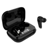 Black wireless earbuds with charging case on a white background