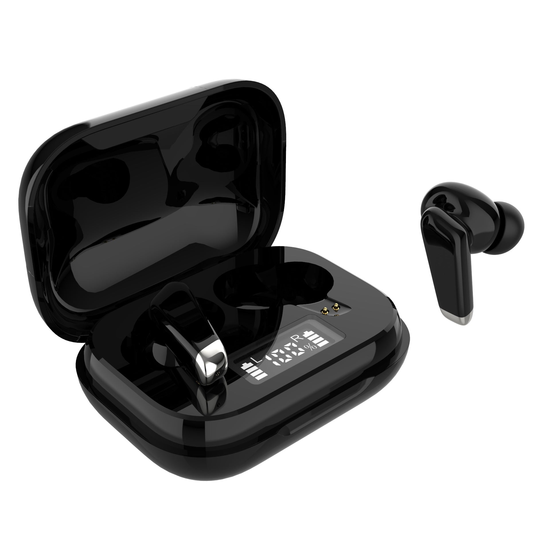 Black wireless earbuds with charging case on a white background