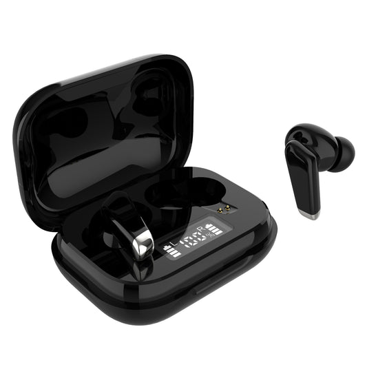Black wireless earbuds with charging case on a white background