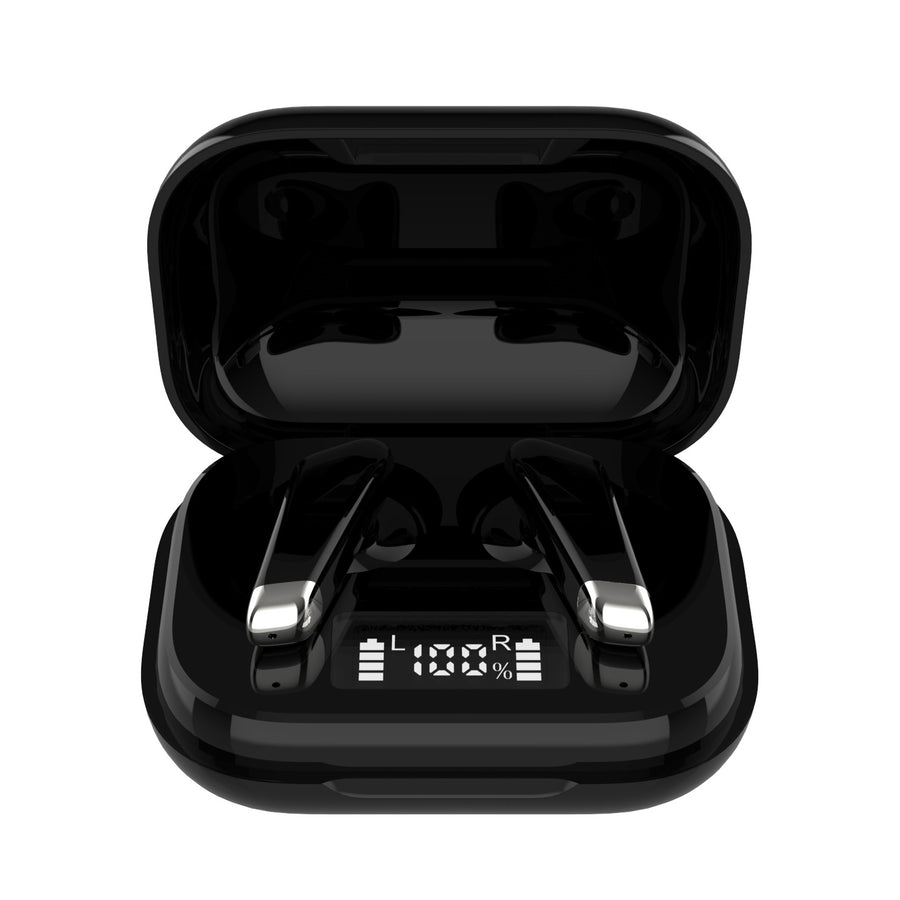 Black wireless earbuds in a charging case on a white background