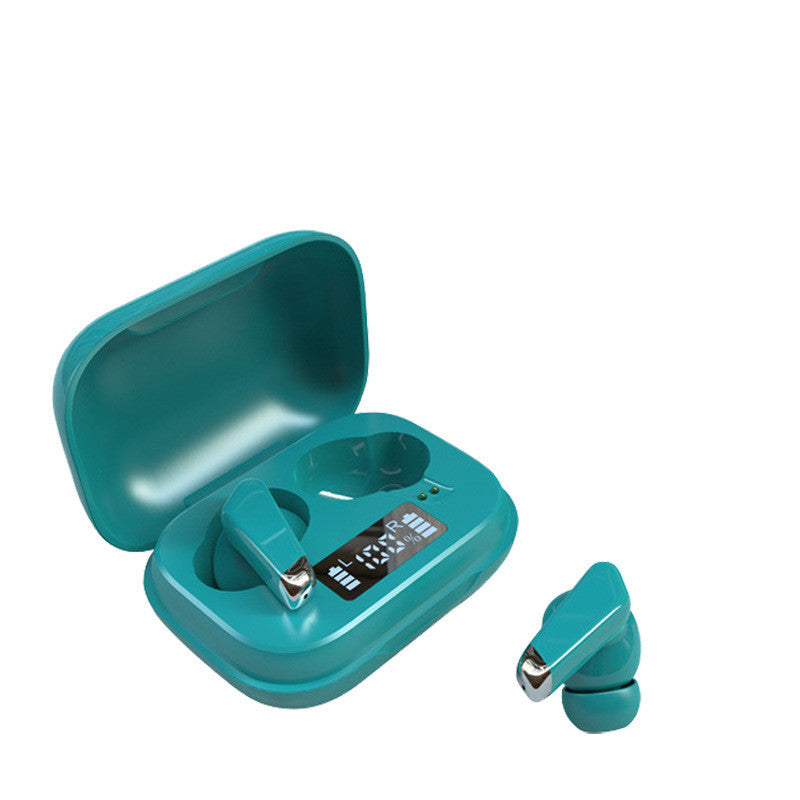 Teal wireless earbuds with charging case on a white background