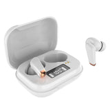 White wireless earbuds with charging case on a white background