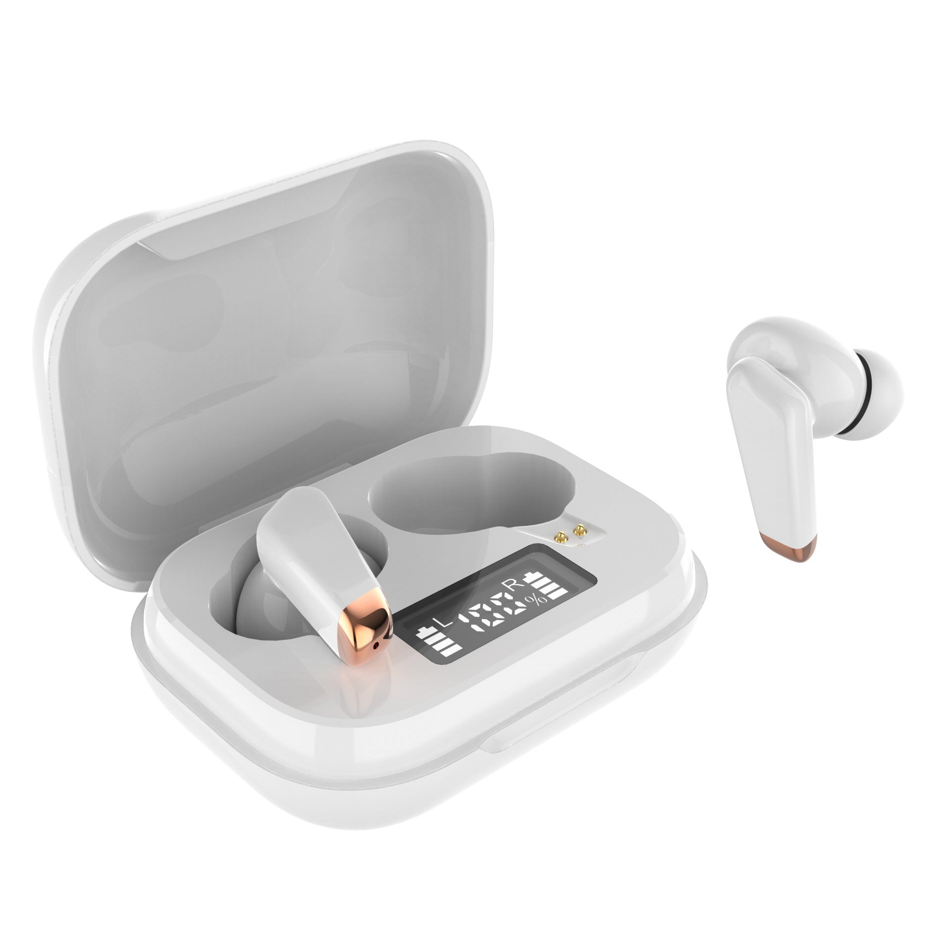 White wireless earbuds with charging case on a white background