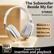 White Bluetooth headphones with features listed on a blurred background