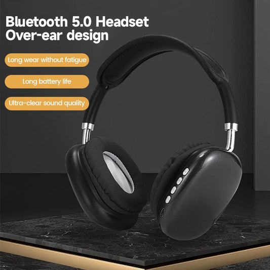 Black over-ear Bluetooth headset on a dark surface with text highlighting features.