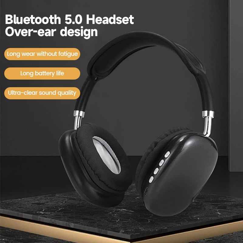 Black over-ear Bluetooth headset on a dark surface with text highlighting features.
