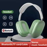 Green Bluetooth headset on a dark background with branding and product features displayed.