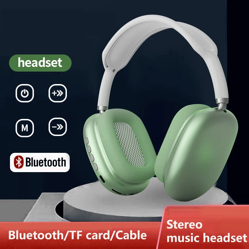 Green Bluetooth headset on a dark background with branding and product features displayed.