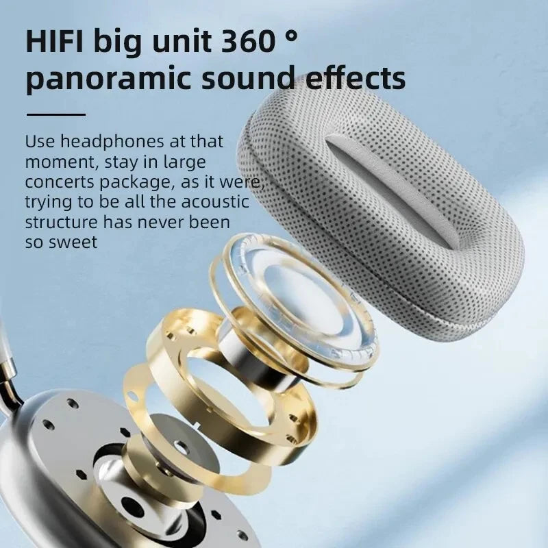 Headphones with text about HIFI big unit 360° panoramic sound effects on a light blue background.