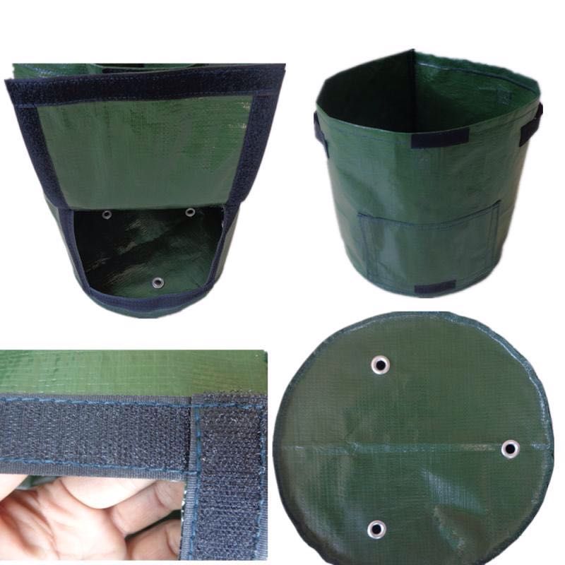 Green fabric storage bag with handles and grommets, shown from multiple angles.