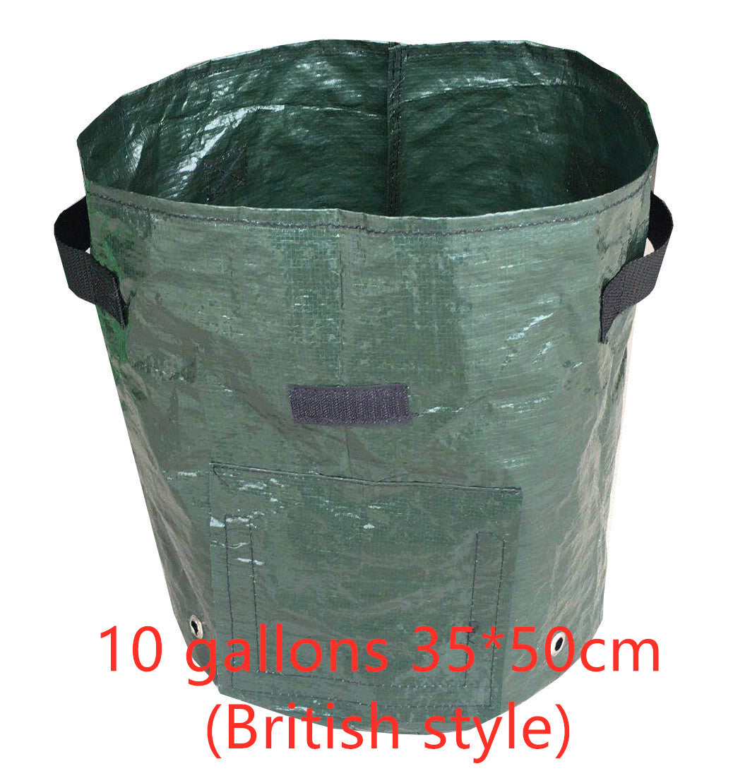 Green garden waste bag with handles and size label on a white background
