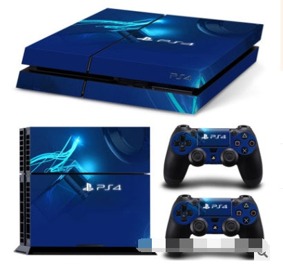 Blue gaming console and controllers with a reflective surface