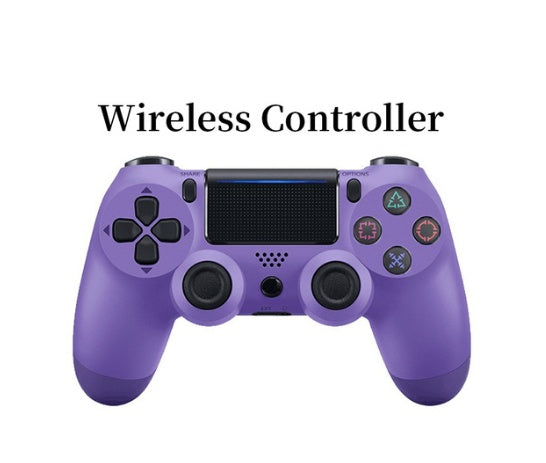 Purple gaming controller with text 'Wireless Controller' on a white background
