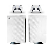 Gaming console and controllers with white carbon fiber design on a white background