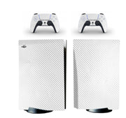 Gaming console and controllers with white carbon fiber design on a white background