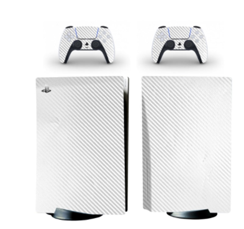 Gaming console and controllers with white carbon fiber design on a white background