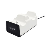 White gaming console stand with black base on a white background