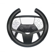 Black steering wheel with gaming controller interface on a white background